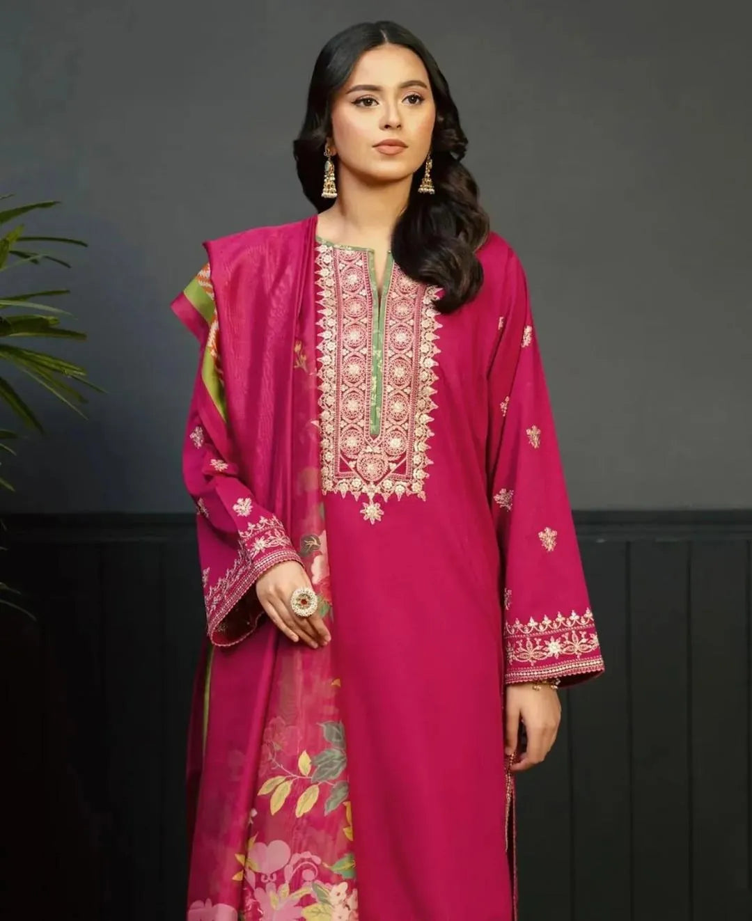 Luxury Fuchsia Pink Embroidered 3-Piece Unstitched Ladies Suit with Printed Dupatta