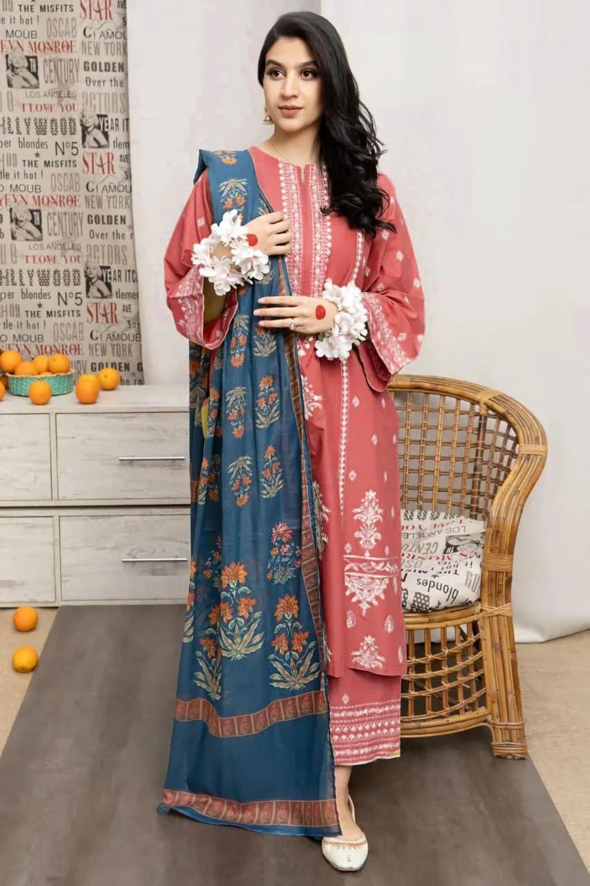 3 PCs women  Embroidered Lawn suit pink Blue Dupatta