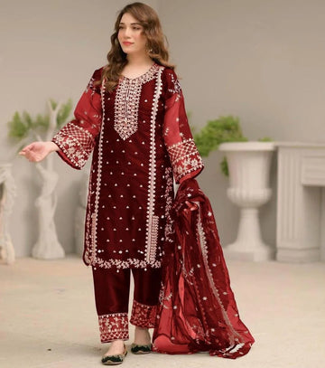 Maroon Embroidered 3 piece suit for women