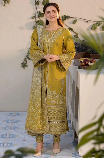 Luxury Embroidered Mustard Lawn Dress with Dupatta