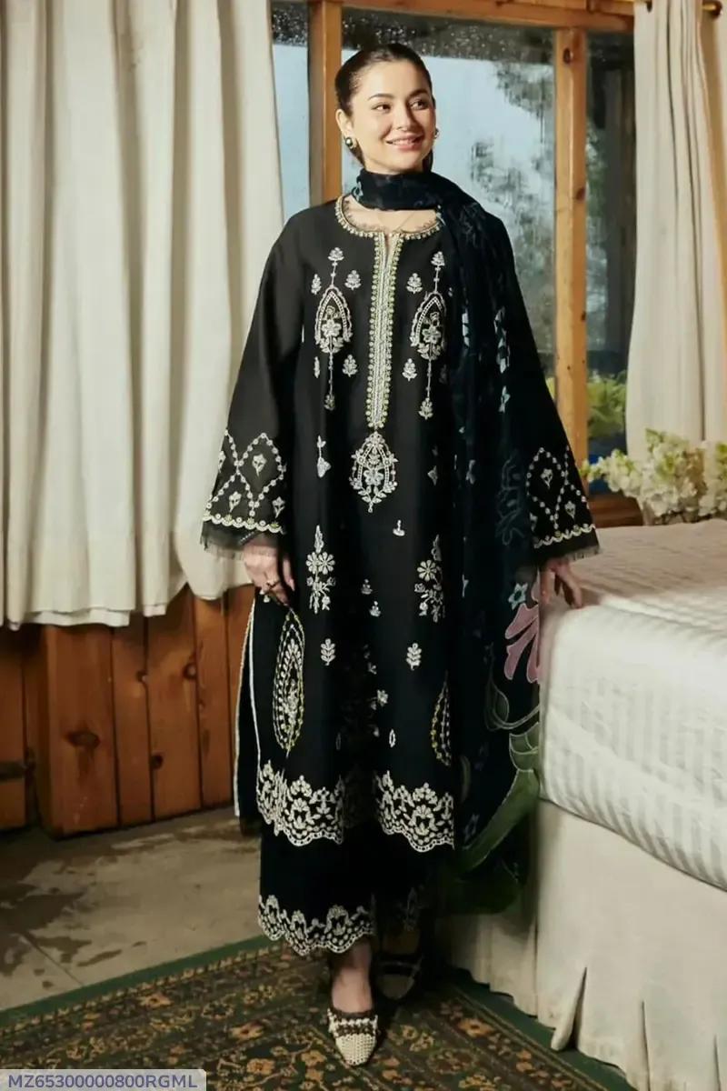Elegant Black Embroidered Lawn 3-Piece Suit with Printed Dupatta