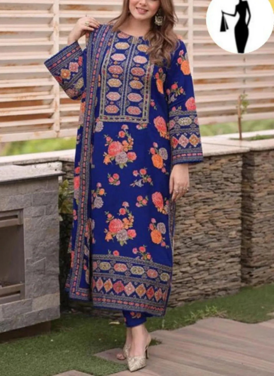 Premium Royal Blue Floral Printed Lawn 3 Piece Suit