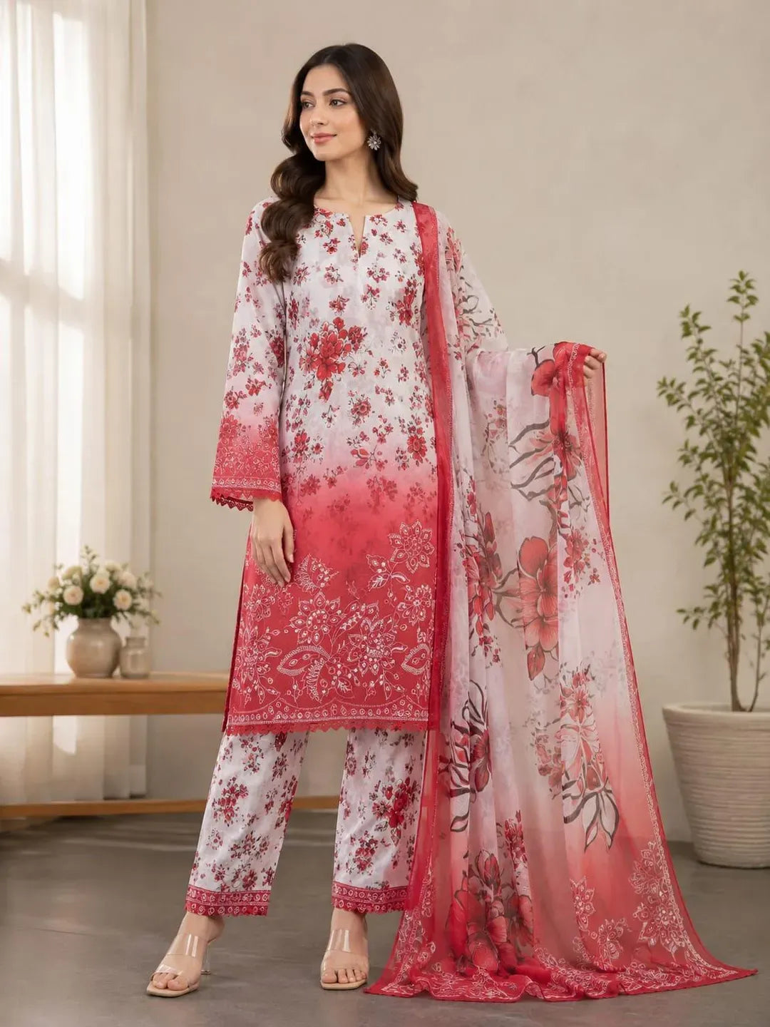 Red printed Lawn 3 PCs women suit set