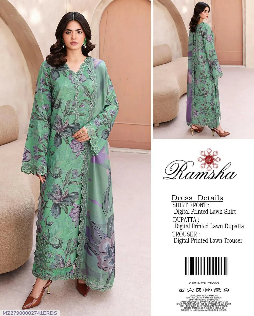 Ramsha Digital Printed Lawn 3 Piece Suit – Coral Pink | Unstitched Premium Collection