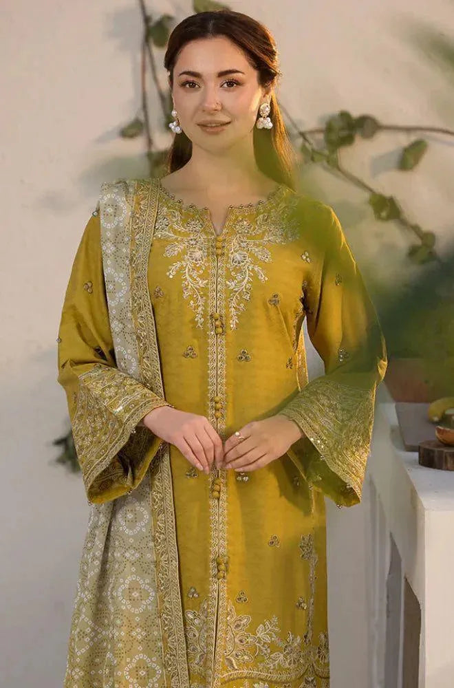 Luxury Embroidered Mustard Lawn Dress with Dupatta