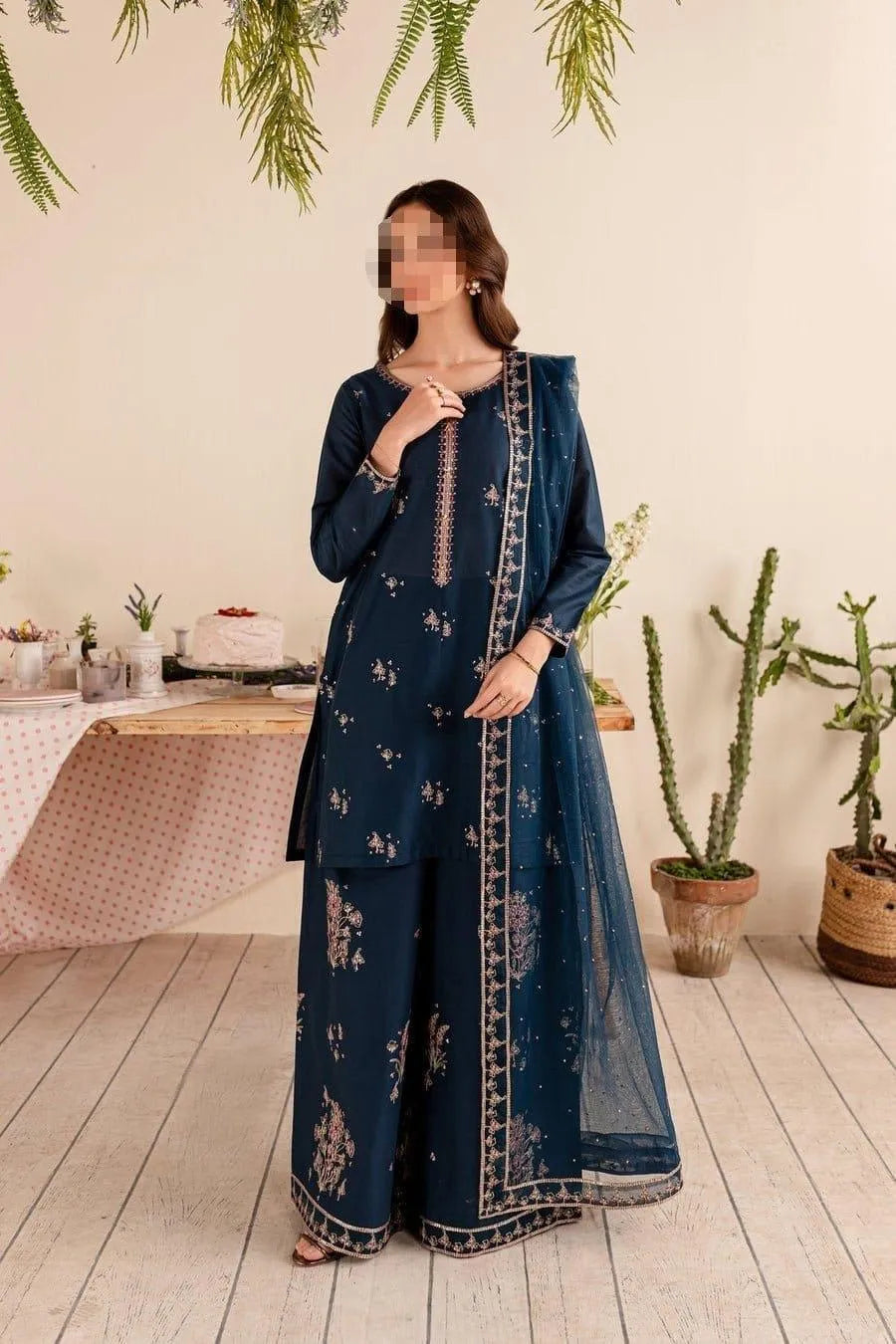 3 PCs Embroidered Dhanak suit for women