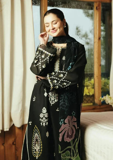 Elegant Black Embroidered Lawn 3-Piece Suit with Printed Dupatta