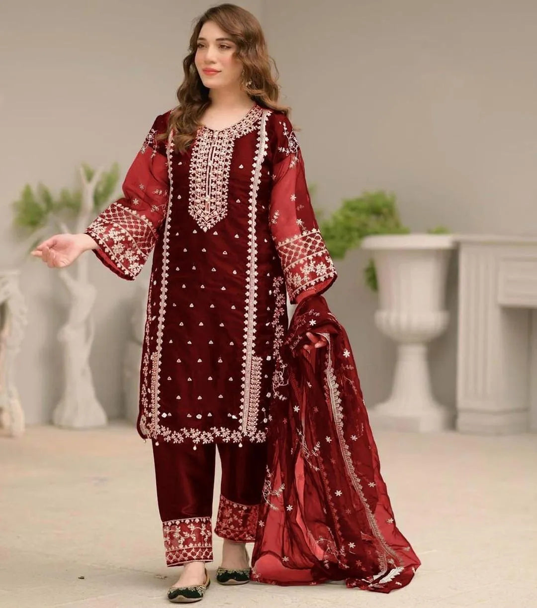 Maroon Embroidered 3 piece suit for women