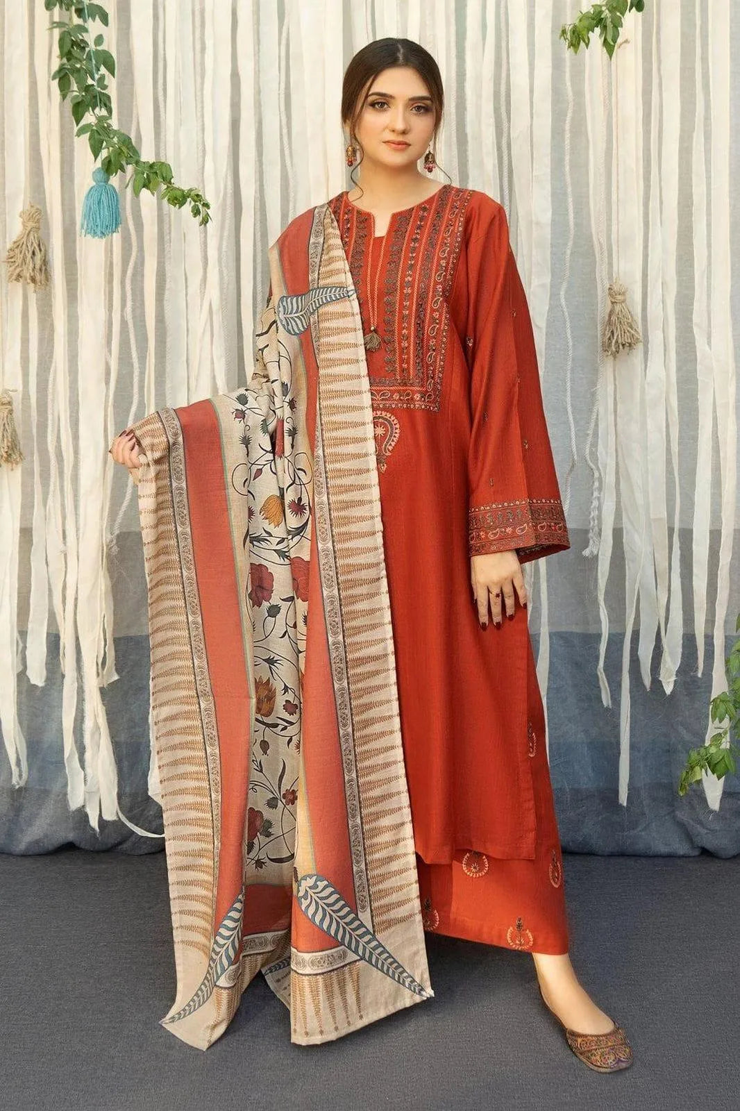 Premium Rust Orange Designer Lawn Suit | Intricate Embroidery & Printed Dupatta