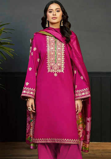 Luxury Fuchsia Pink Embroidered 3-Piece Unstitched Ladies Suit with Printed Dupatta
